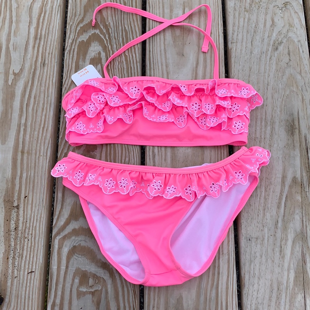 Gymboree New 10/12 girls bright pink ruffle bathing suit
